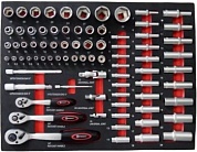 Набор инструментов 80пр.(1/4":4-14мм L-25/50мм;3/8":6-19мм L-28/64мм;1/2":8-32мм L-38мм,10-24мм L-75мм; 6гр.+карданы, удлинители, трещотки)в ложементе