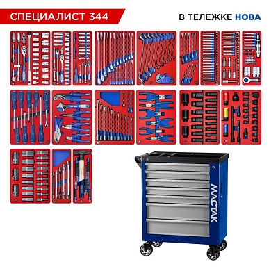 Набор инструментов 344 предмета, "СПЕЦИАЛИСТ 344", в синей тележке МАСТАК 50-07344B